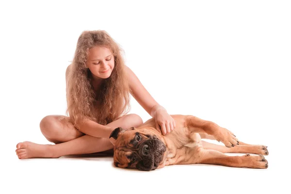 Kız ve köpek bullmastiff — Stok fotoğraf