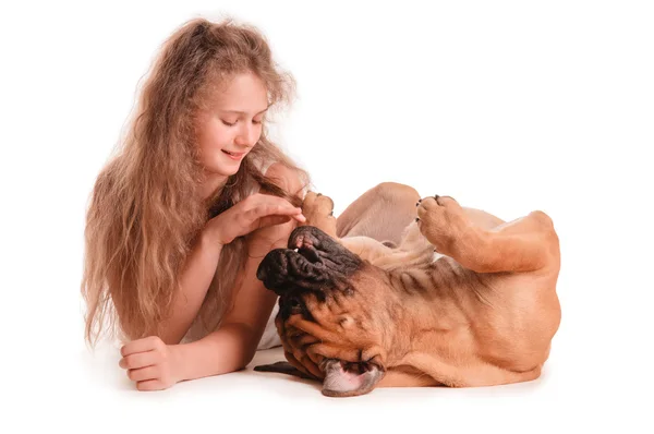 Fille et chien bullmastiff — Photo