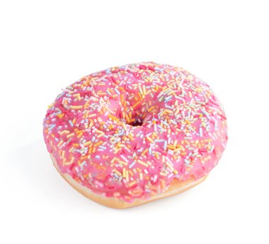 Beyaz arka planda küçük şekerli pembe çörek.