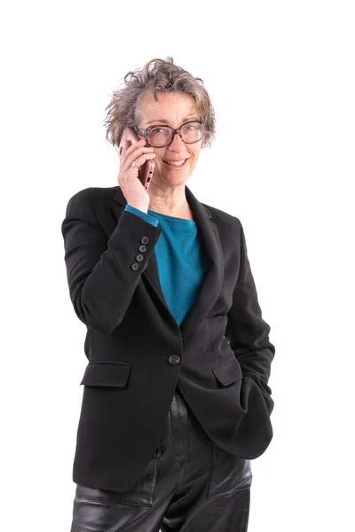 Retrato Uma Mulher Negócios Com Telefone Fundo Branco — Fotografia de Stock