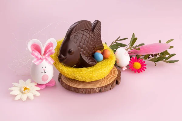 Delicious Easter Chocolate Assortments Pink Table — Stock Photo, Image