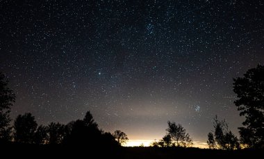 Mavi gökyüzü samanyolu panoraması ve karanlık arka planda bir yıldız. Gürültü ve tahılla. Uzun pozlama fotoğrafı ve beyaz dengeyi seç.