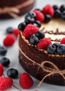 Yaban mersinli ve ahududulu güzel pasta yakın plan, yemek, arka plan.