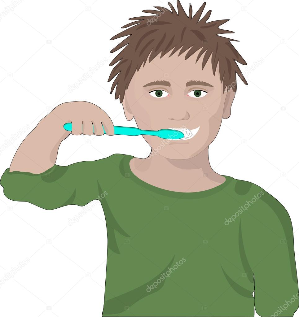 Boy brushes his teeth
