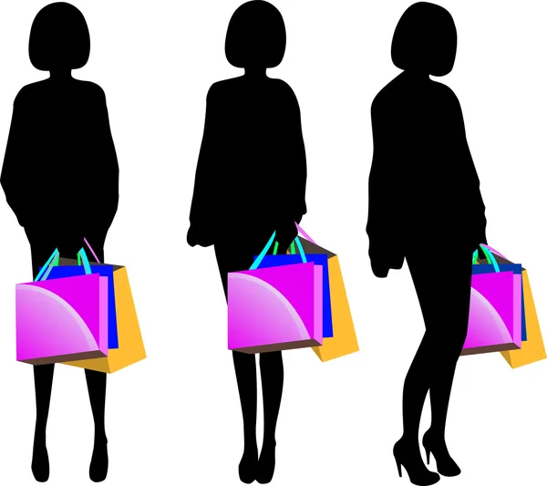 Zwart silhouet van jonge vrouw met shopping tassen — Stockvector