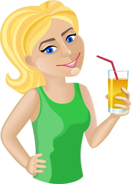 Chica de pelo rubio con jugo de naranja — Vector de stock