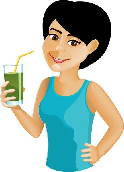 Gadis berambut hitam dengan jus sayuran hijau - Stok Vektor