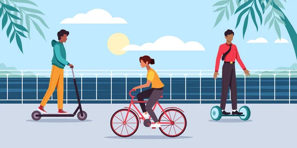 Renkli Resimde Çevre Dostu Araçlara Binen Gençler Gösteriliyor Bisiklet Uçan — Stok Vektör