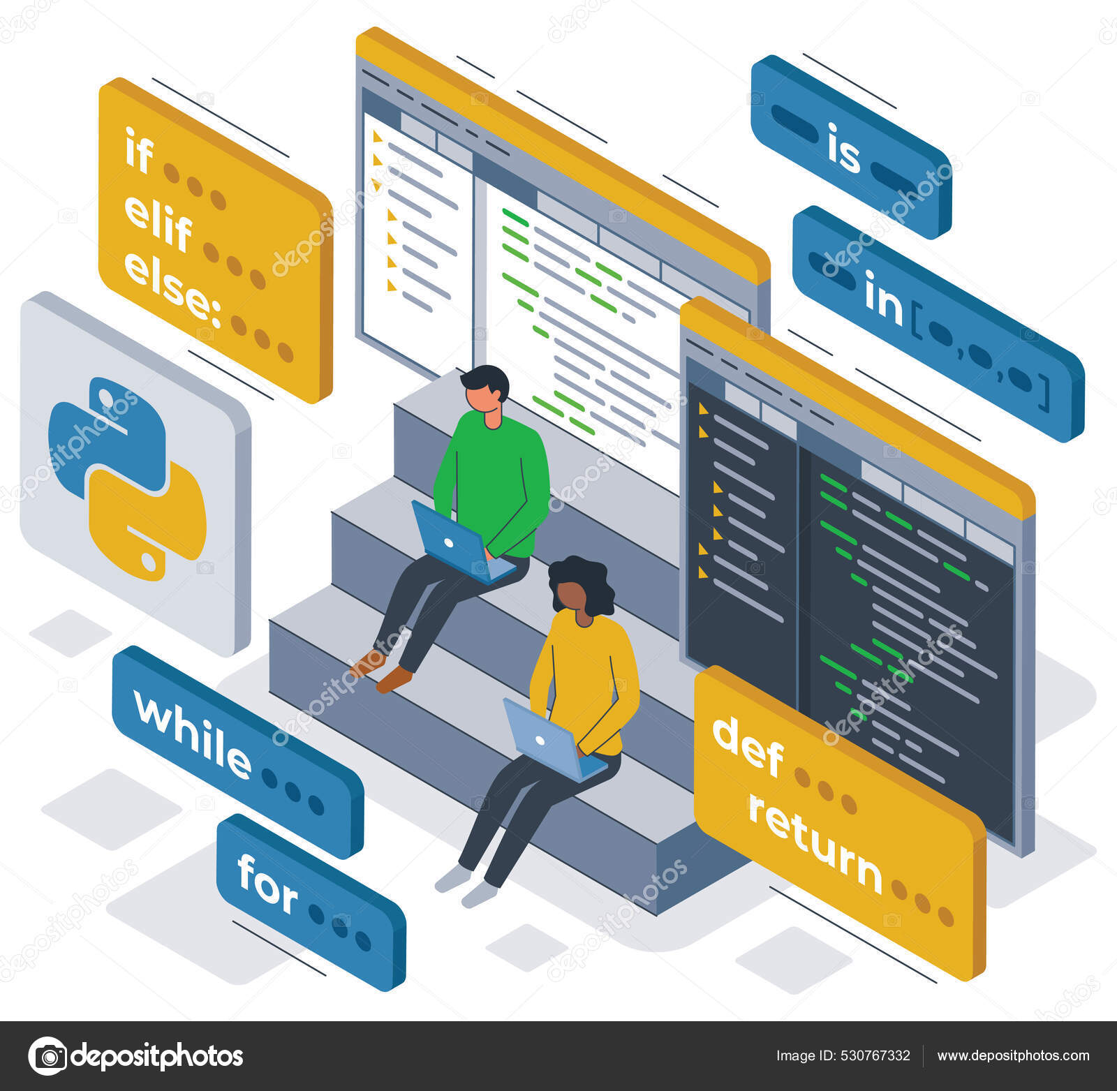 Python programming language isometric illustration building a program ...