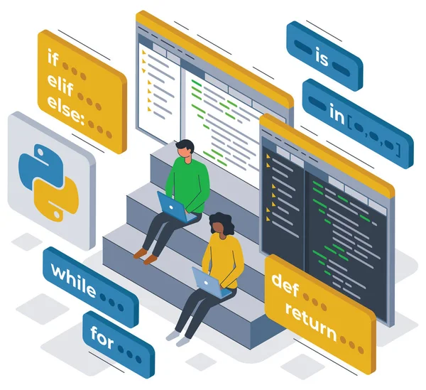 Lenguaje de programación Python ilustración isométrica construcción de un programa — Vector de stock