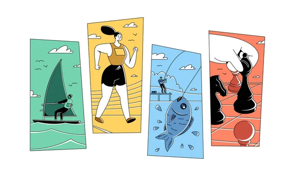 Непопулярные спортивные плоские векторные иллюстрации, спортивная рыбалка, шахматы — стоковый вектор