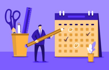 Ofiste çalışan takım elbiseli bir iş adamı düz vektör çizimi