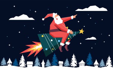 Komik Noel Baba düz vektör çizimi bir Noel ağacı