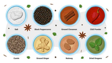 Baharat çizimlerinden oluşan düz vektör kümesi, lezzetlendirme veya renklendirme için kullanılan maddeler