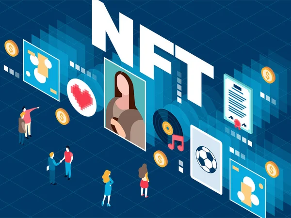 Μη ανταλλάξιμα σημεία NFT ισομετρική εικονογράφηση βίντεο και ήχου — Διανυσματικό Αρχείο