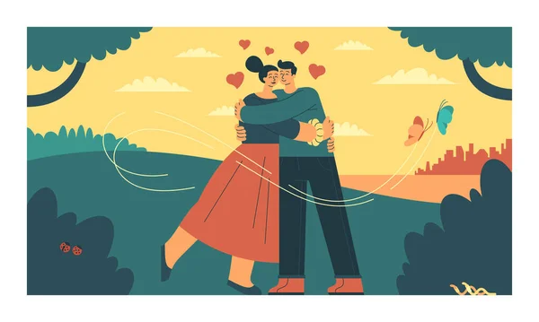 Пара обнимающихся плоских векторных иллюстраций пара обнимается в парке — стоковый вектор