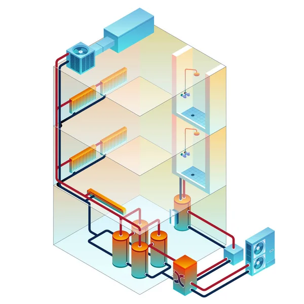 Verwarmingssysteem isometrische illustratie of warm water naar een gebouw — Stockvector