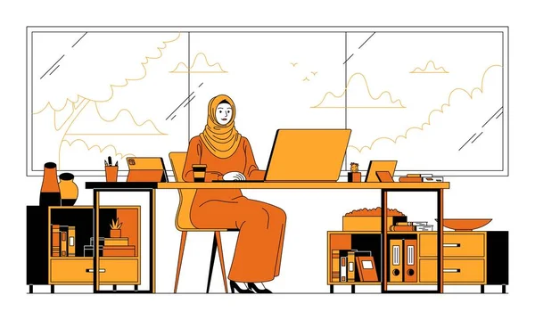 Ilustrasi vektor datar wanita bisnis Arab di kantornya - Stok Vektor