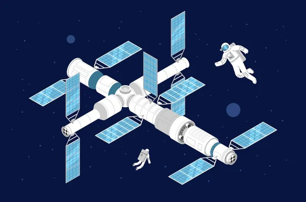 Ilustração isométrica da estação espacial no espaço perto de planetas e estrelas — Vetor de Stock