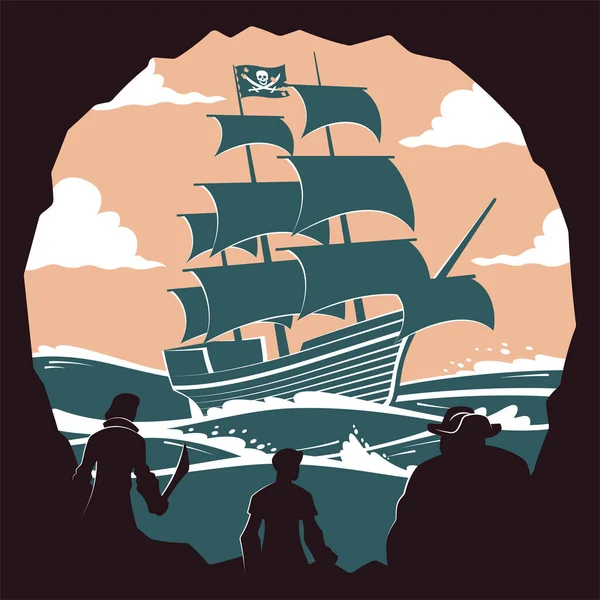 Un bateau pirate vecteur plat illustration le Jolly Roger — Image vectorielle