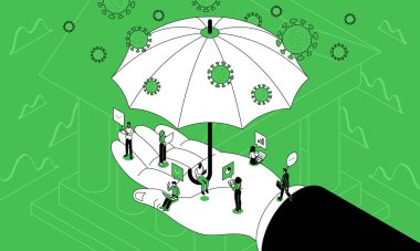 Bu renkli sanat çizgisi iş desteğini gösteriyor, devlet yardımları Coronavirus COVID-19 pandemisi nedeniyle iş konularının üstesinden gelmeye yardımcı oluyor