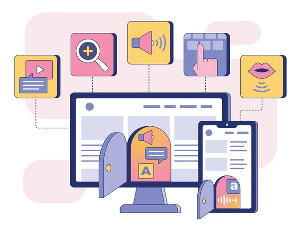 Colorful Flat Illustration Depicts Digital Accessibility Design Technology Products Environments — Image vectorielle