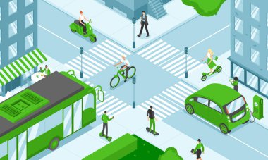 Bu renkli izometrik illüstrasyon modern şehir eko taşımacılığı, çevre dostu araçlar bisiklet, uçan kaykay, elektrikli scooter, elektrikli arabalar ve benzeri şeyleri tasvir ediyor..