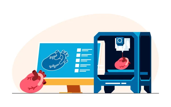 Cette Illustration Plate Colorée Représente Une Imprimante Médicale Imprimant Cœur — Image vectorielle