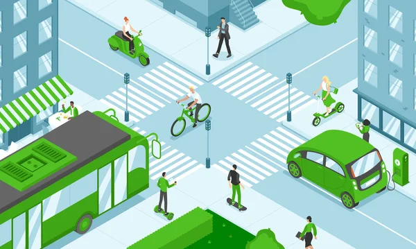 Bu renkli izometrik illüstrasyon modern şehir eko taşımacılığı, çevre dostu araçlar bisiklet, uçan kaykay, elektrikli scooter, elektrikli arabalar ve benzeri şeyleri tasvir ediyor..