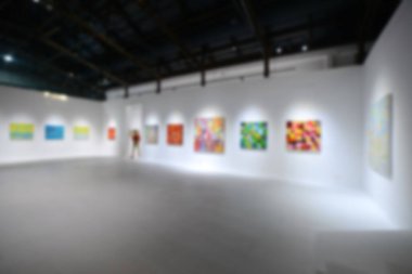 Sanat sergisi galerisindeki beyaz duvardaki resimlere bakıyorlar. Bulanık arkaplan.