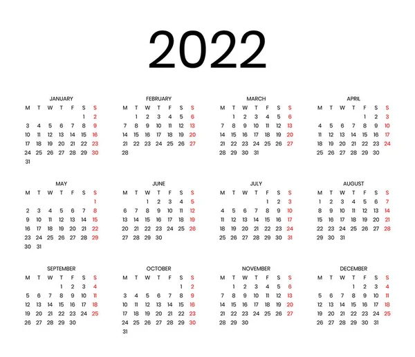 Eenvoudige vectorkalender voor 2022 jaar. — Stockvector