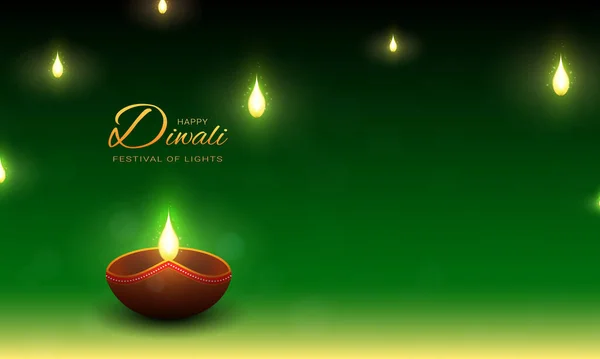 Verde Feliz Diwali Com Iluminação Lâmpada Diya Festival Luzes — Vetor de Stock