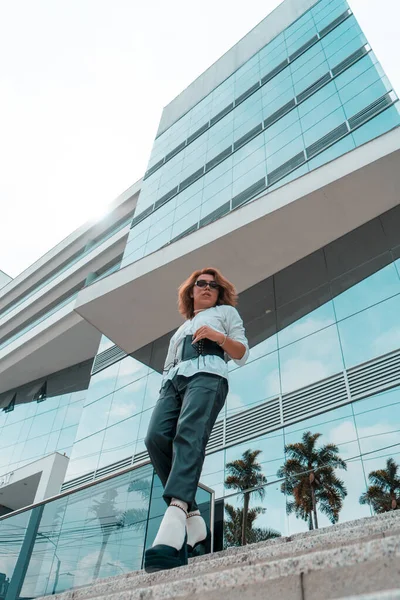 Non Binary Executive Young Lgbtq Community Walking Stairs Front Building — Photo