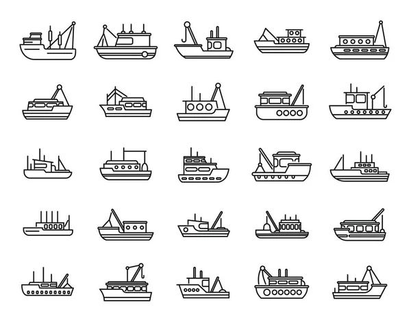 Fiske båt ikoner ange kontur vektor. Lastfartyg — Stock vektor