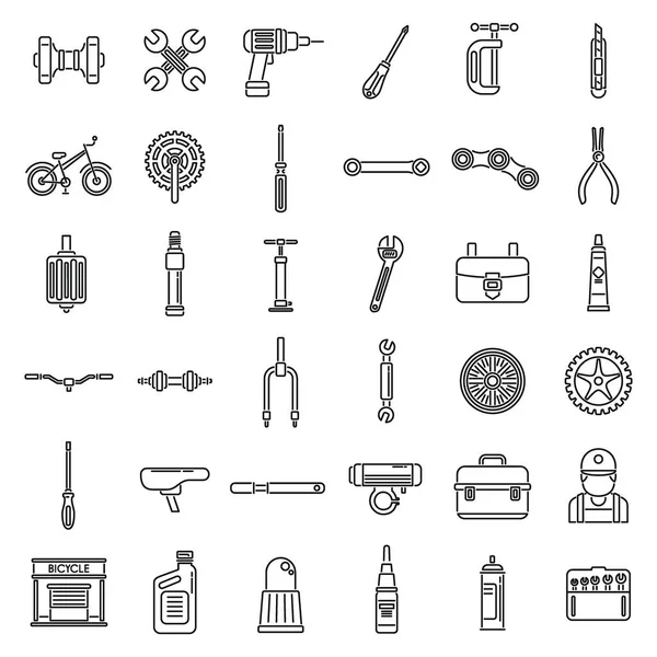 Ícones de reparação de bicicletas definir vetor contorno. Elemento de bicicleta —  Vetores de Stock