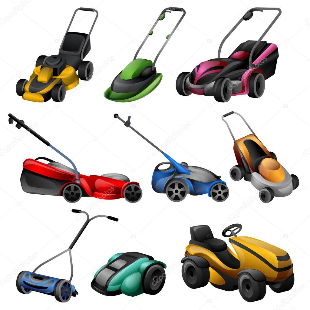 Lawnmower icons set cartoon vector. Roller lawn. Mower grass