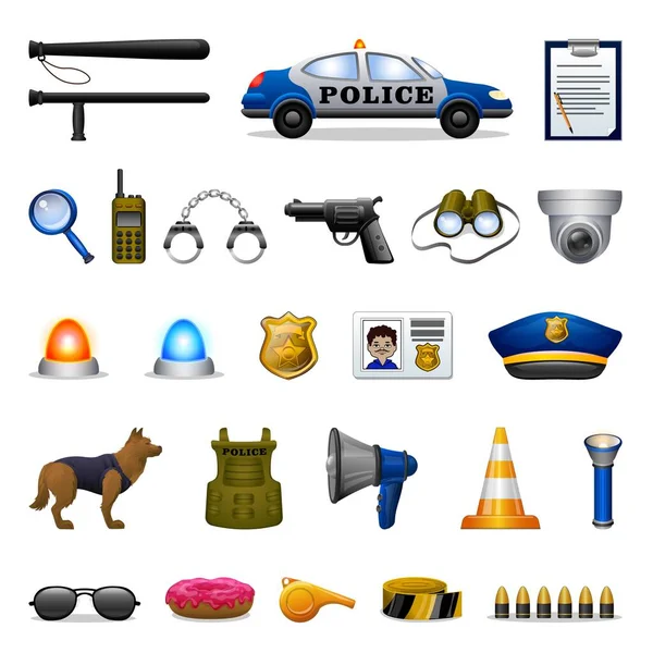 Icônes équipement de police mis vecteur de dessin animé. Technique de menottes — Image vectorielle