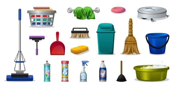 Le icone più pulite dell'attrezzatura impostano il vettore del fumetto. Igiene disifectante — Vettoriale Stock