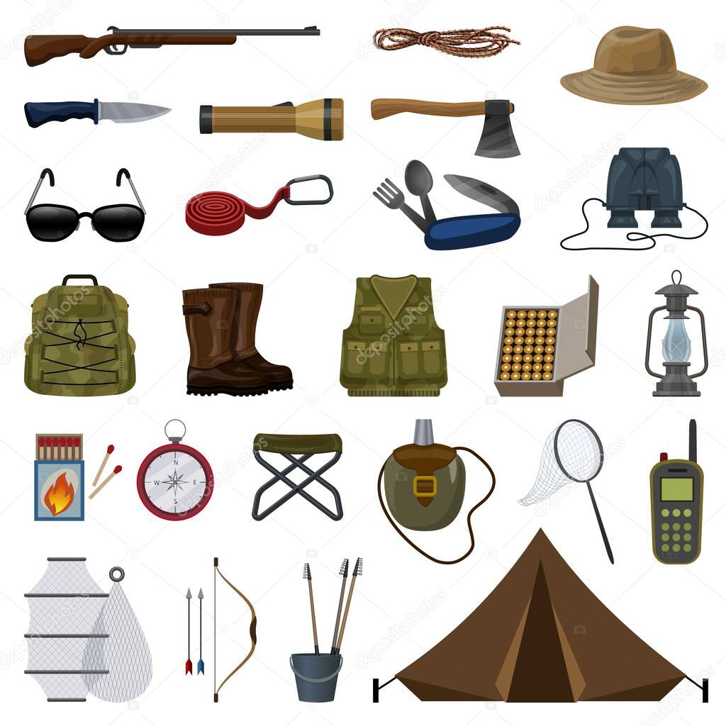 Hunting equipment icons set cartoon vector. Fishing camping