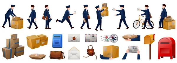 Icônes Postman définir vecteur de dessin animé. Transporteur de courrier — Image vectorielle