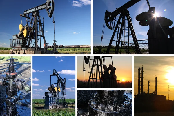 Oil Pump Jack and refinery split screen — Stock Photo, Image