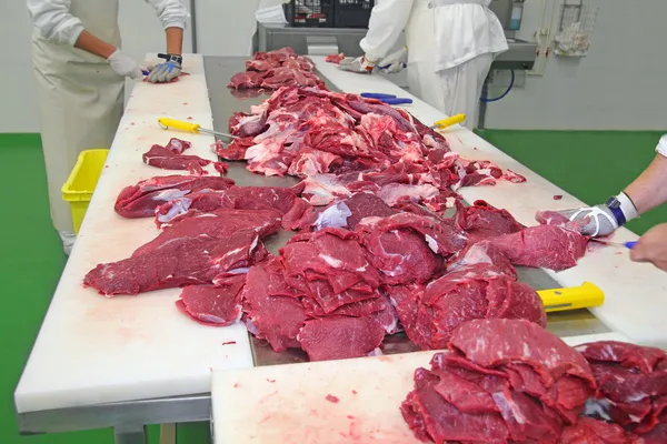 Carnicero cortando carne fresca de res — Foto de Stock