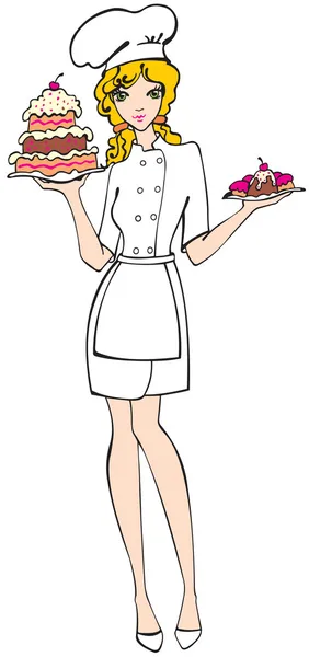 Chef Girl with pie and cupcakes — Stock Vector