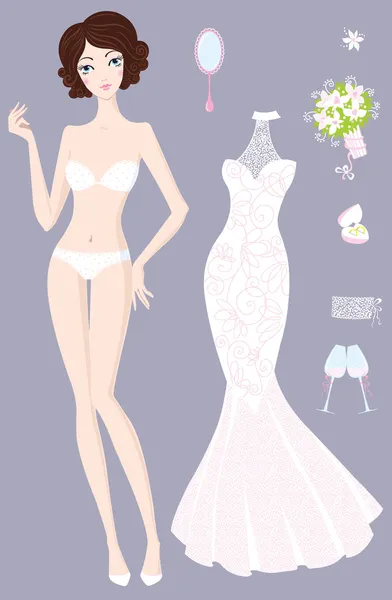 Belle fille avec robe de mariée et accessoires — Image vectorielle