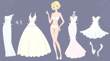 Paper doll of cute girl with wedding dresses clipart