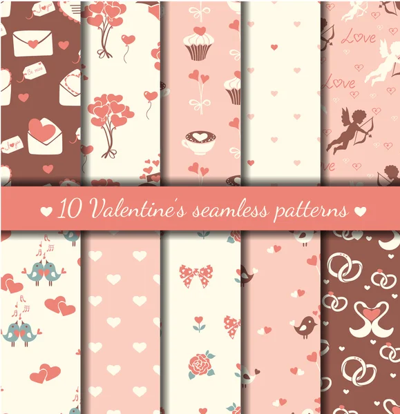 Ten valentines day seamless patterns. — Stock Vector