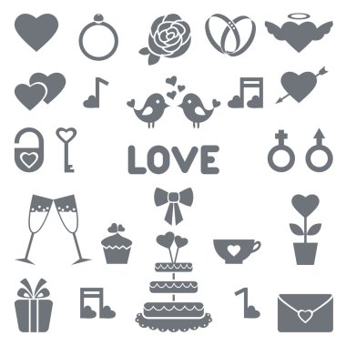 düğün ya da Sevgililer günü için düz vektör simge kümesi
