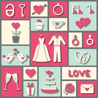 düğün ya da Sevgililer günü için düz vektör simge kümesi