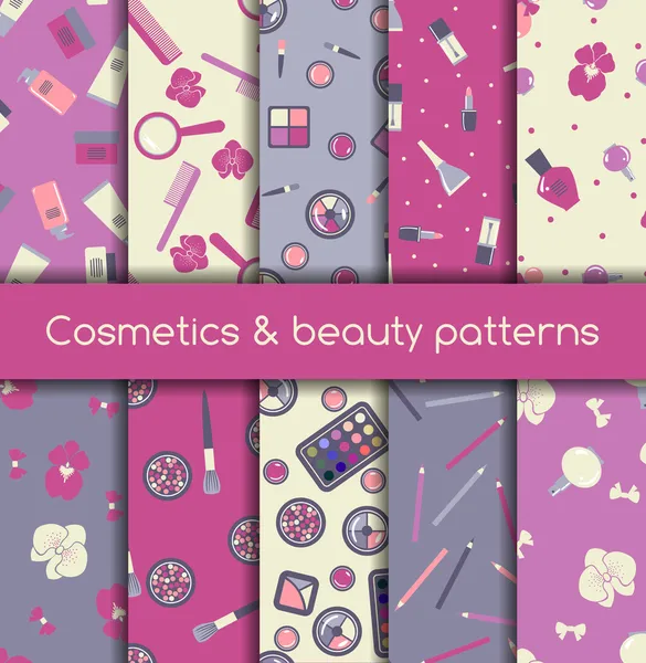 Cosmetics and beauty seamless patterns — Stock Vector