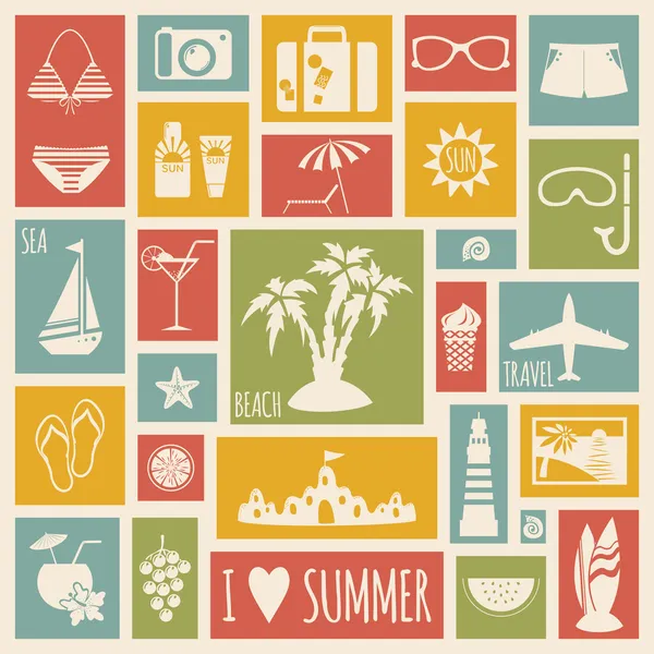 Κάρτα διακοπών καλοκαίρι με επίπεδη στοιχεία — Διανυσματικό Αρχείο